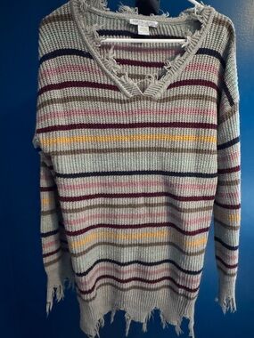 Sabrina Lauren Distressed Striped V-Neck Sweater - Light Gray/Multi